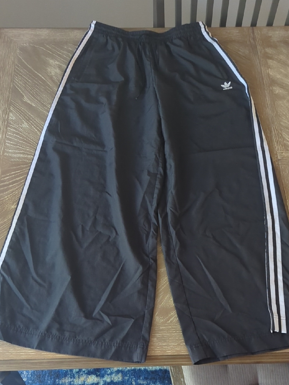 adidas Black Wide-Leg Track Pants with White Side Stripes Size Medium